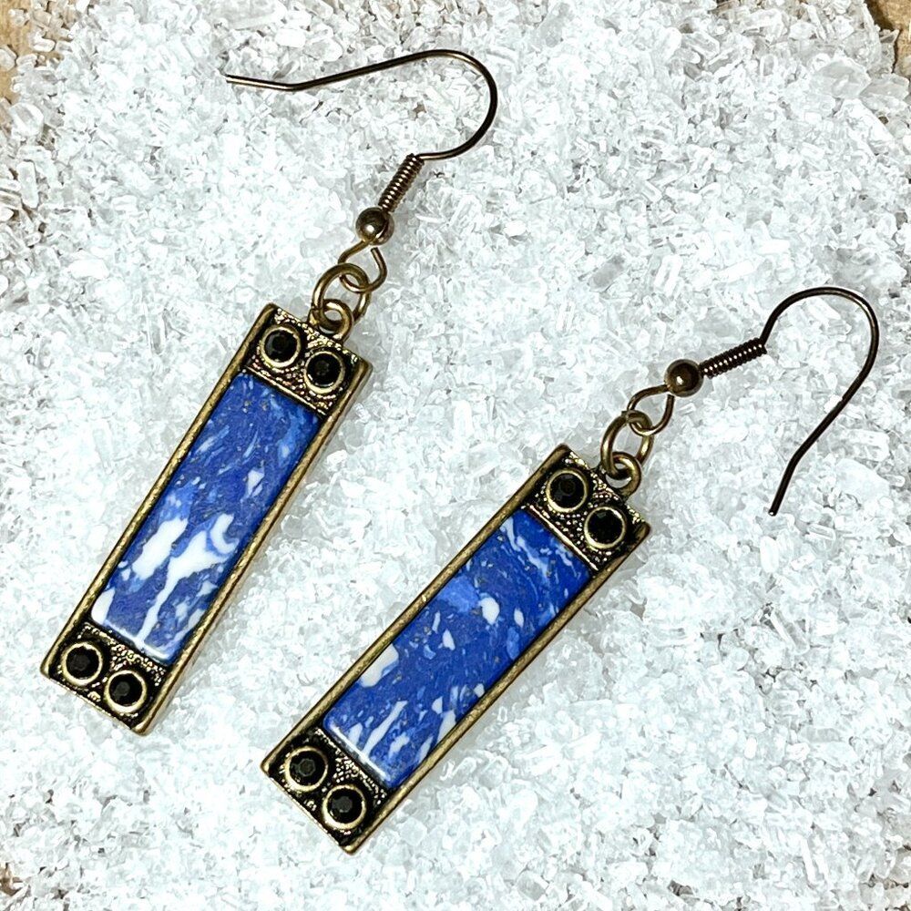 Vintage Blue Marbled Black Rhinestone Polymer Clay Earrings